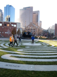 Time out in Boston. Jelane (in blue) Walking the Labyrinth. Photo by Eileen A. McFerran